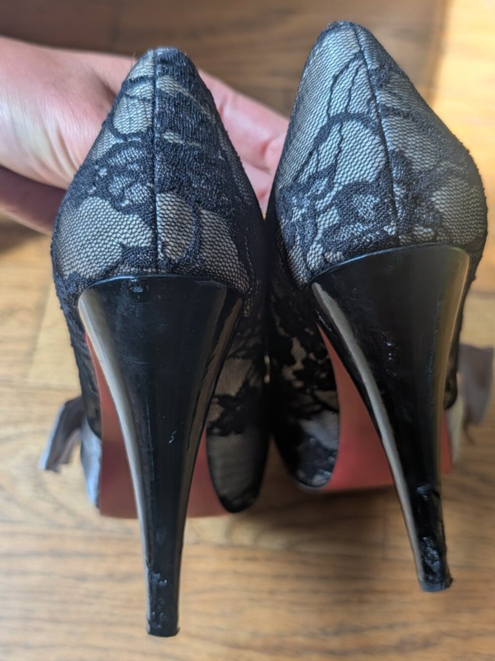 Paris Hilton Black Lace Peep Toe Heels Satin Bow Size 9 M Stiletto Pumps Y2K - Picture 10 of 15